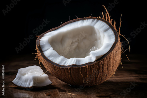A whole brown tropical coconut rests on a table, its natural surface isolated against a white or wooden background. photo
