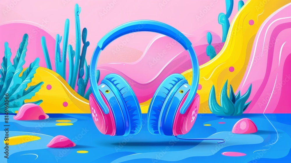 Fototapeta premium Vibrant illustration of blue headphones with pink accents amid whimsical shapes and a colorful, abstract background.