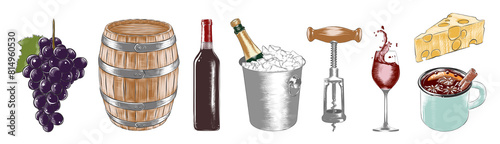 PNG engraved style wine list or menu collection for posters, decoration, logo, emblem. Hand drawn sketches. Detailed vintage woodcut style drawing.	
