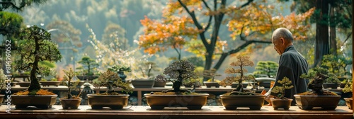 male Japanese gardener pruning bonsai trees in a serene temple garden photo