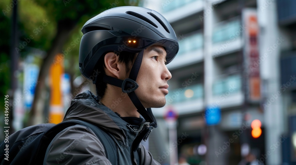 Man go to work at office wearing helmet with bicycle on street around building on city. Bike commuting, Commute on bike, Business commuter concept. Man go to work at office wearing helmet with bicycle on street around building on city. Bike commuting, Commute on bike, Business commuter concept.