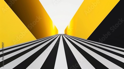 3D black and white lines in perspective with yellow elements abstract vector background, linear perspective illustration art, road to horizon
