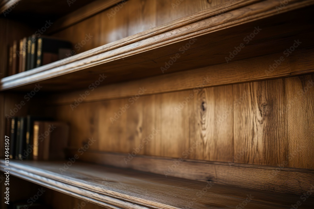 Close-up selective focus warm wooden bookshelf background with empty shelves in a modern. Contemporary. Minimalistic home interior furniture design Close-up selective focus warm wooden bookshelf background with empty shelves in a modern. Contemporary. Minimalistic home interior furniture design