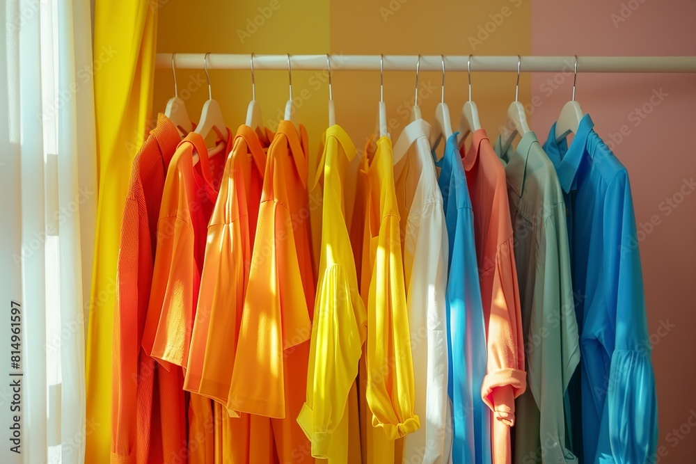 Rack with bright clothes in room. Rainbow colors