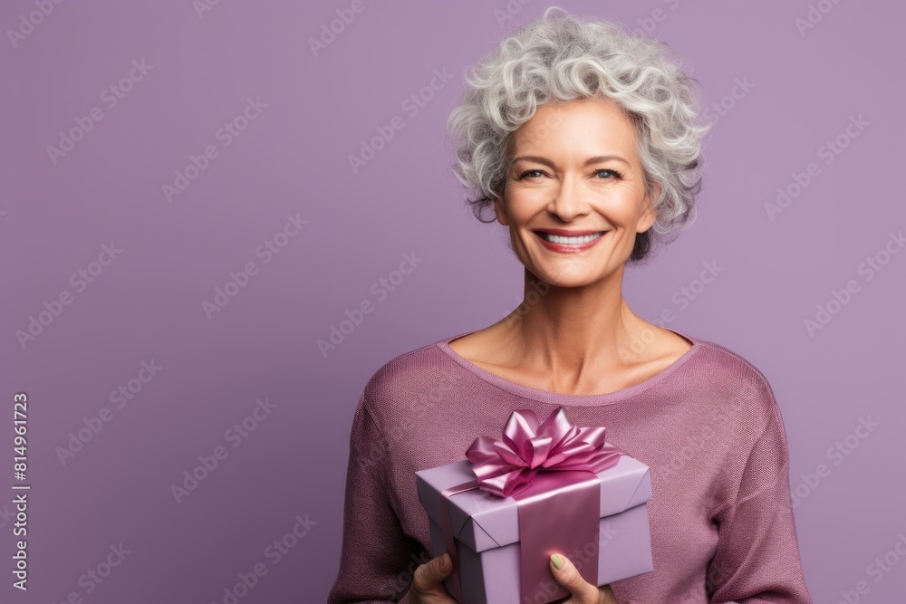 Portrait of a tender woman in her 40s holding a gift in pastel purple background Portrait of a tender woman in her 40s holding a gift in pastel purple background