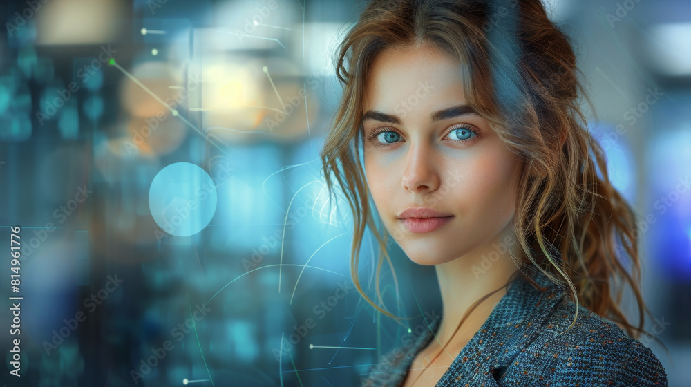 A woman with striking blue eyes looks directly at the camera in a close-up portrait. A woman with striking blue eyes looks directly at the camera in a close-up portrait.