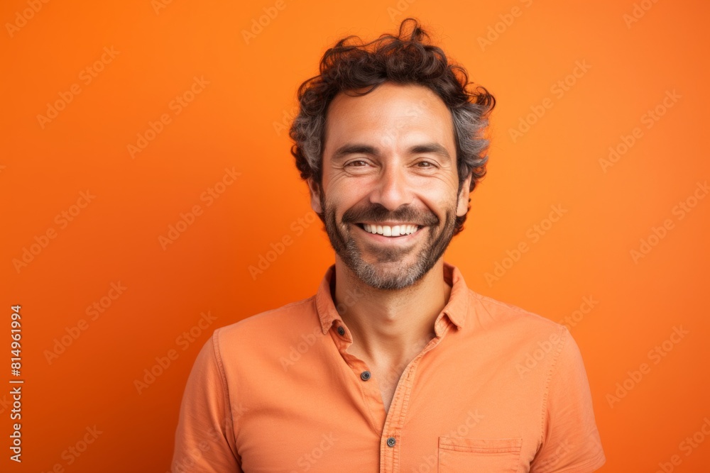 Portrait of a glad man in his 30s smiling at the camera over pastel orange background Portrait of a glad man in his 30s smiling at the camera over pastel orange background