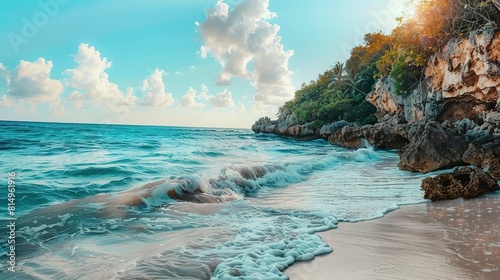 Beach and tropical blue sea. Ocean with big waves, rocks and cliff. Beautiful landscape on the caribbean island and wild sea waves.