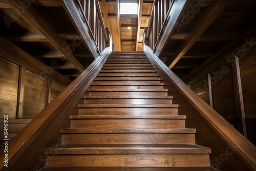 Modern. Elegant. And symmetrical wooden staircase interior design in a luxurious and contemporary residential building. Showcasing clean lines. Minimalist architecture. And sophisticated craftsmanship