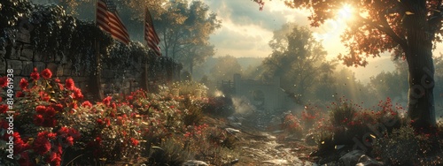 A beautiful, serene forest scene with a waterfall and a river