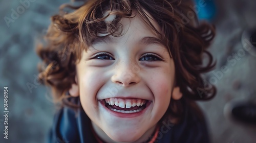 Close-Up of a Happy Child's Face: Joyful and Smiling Expression of a Young Boy with Bright Eyes and Cheerful Smile