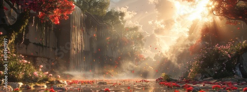 A beautiful, serene forest scene with a waterfall and a river