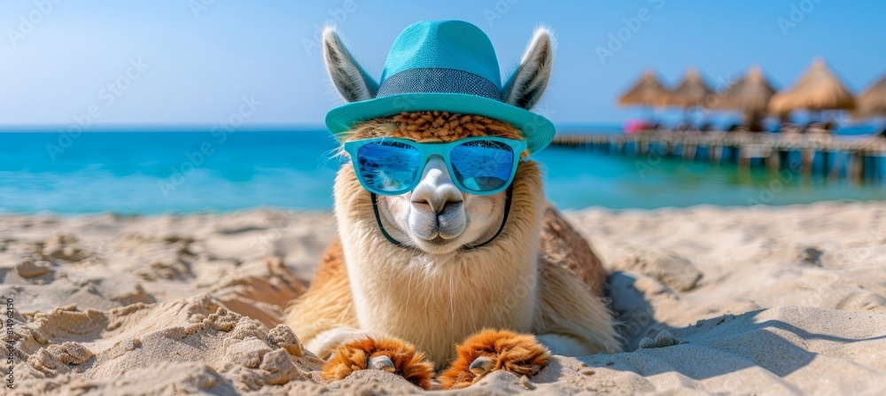 Llama in sunglasses and sunhat lounging on beach   vacation relaxation concept with text space