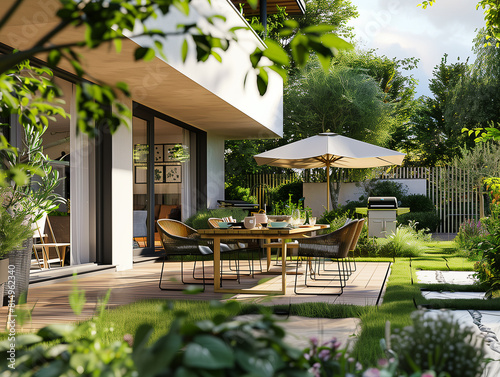 Eine schöne Gartenterrasse an einem Haus mit modernen Gartenmöbeln. BBQ im Garten