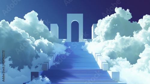 A stylized digital illustration of a grand building entrance with steps leading up, set against a backdrop of fluffy white clouds and a clear blue sky.