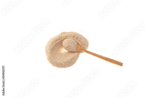 Psyllium (Ispaghula) Husk. Psyllium coarse flour and wooden spoon on white background. Natural thickener. Dietary Fiber Food Supplement to aid weight loss