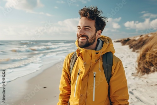 Smiling man wearing yellow jacket and walking photo