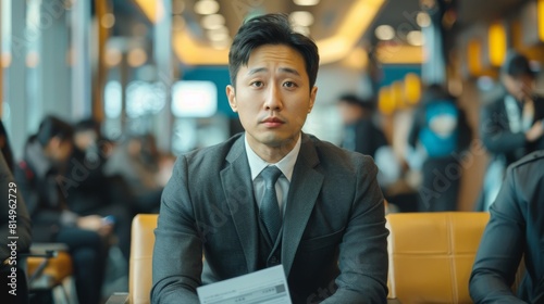 Professionally dressed Asian individual, seated in a modern waiting area, clutching a resume, surrounded by potential competitors, nervously awaiting a job interview photo