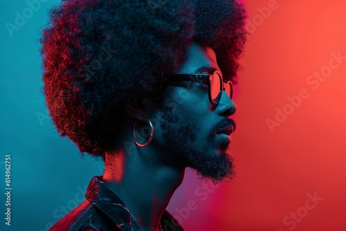 Side Profile Photo Of Funky Man With Afro Hairstyle photo
