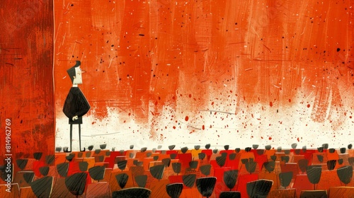 Illustration of a speaker standing on stage facing an audience of red chairs, evoking a motivational atmosphere.