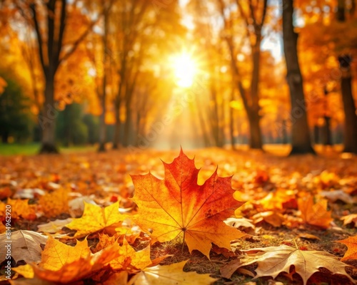 A Maple Leaf Fell Down in a Sunny Autumn Park
