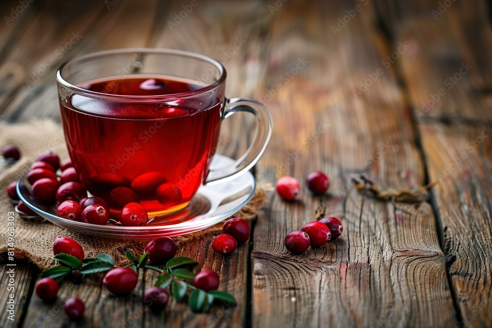 Tasty hot cranberry tea on wooden table Tasty hot cranberry tea on wooden table