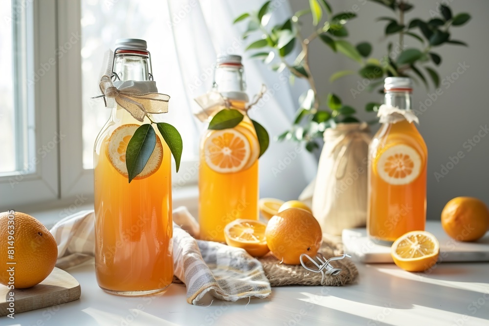 Tasty kombucha in glass jar and bottles