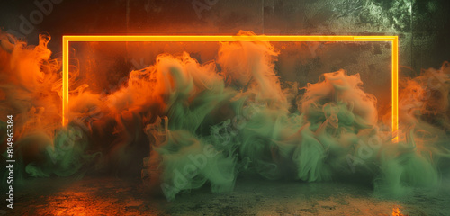 Bright orange neon in dark olive green smoke for a stylish modern setting.