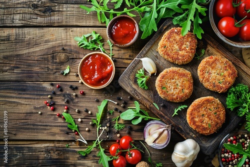 Tasty vegan cutlets served with sauce and ingredient