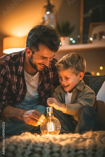 Son and father changing old light bulb for a led