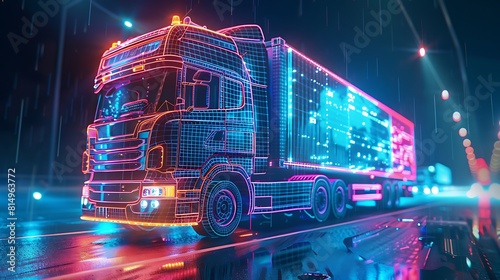 A captivating depiction of a lorry truck adorned with a luminous neon hologram of a container blueprint, rendered in mesmerizing 3D illustration, embodying the concept of futuristic logistics and tran
