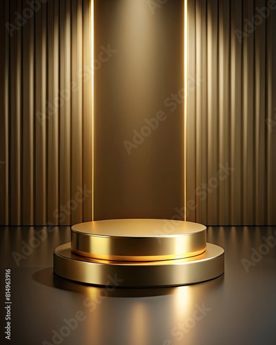 Golden pedestal on a dark background with drapery.