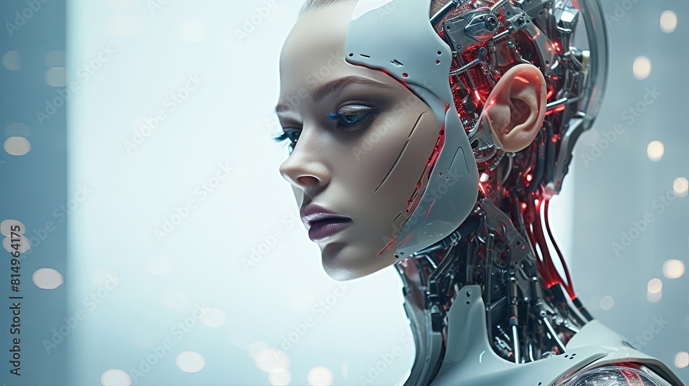 a White metal cyborg robot set against a vibrant neon background, embodying the cutting-edge fusion of computer and machine. a White metal cyborg robot set against a vibrant neon background, embodying the cutting-edge fusion of computer and machine.
