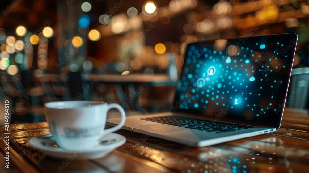 Laptop on wooden table, with cup of coffee. front view. with social finance network hologram. World Wide Web Day Laptop on wooden table, with cup of coffee. front view. with social finance network hologram. World Wide Web Day