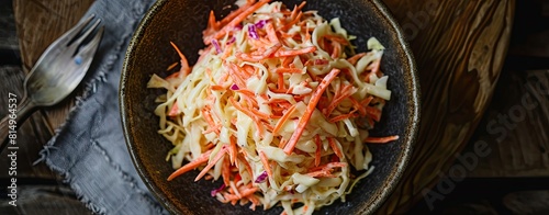 Freshly shredded white cabbage and grated carrot coleslaw topped with homemade mayonnaise dressing photo