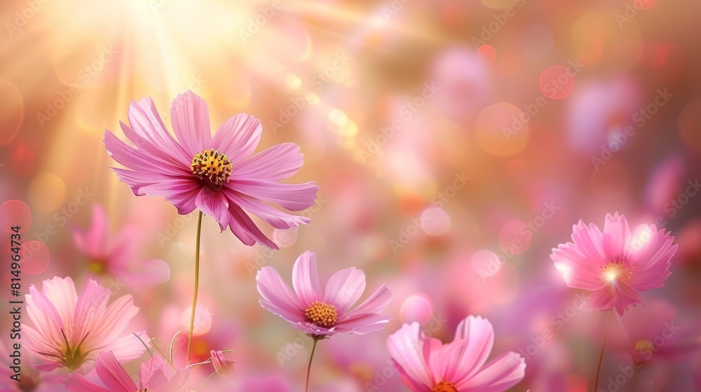A field filled with pink flowers Sun shines through clouds in foreground and background A field filled with pink flowers Sun shines through clouds in foreground and background