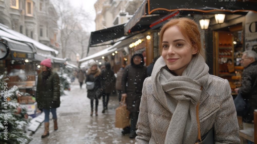  A woman stands before a shop on a snowy day, scarf swathed around her neck, handbag in hand