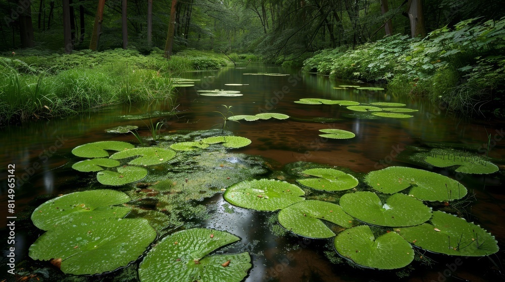 A multitude of lily pads float atop a serene body of water in a verdant forest teeming with trees A multitude of lily pads float atop a serene body of water in a verdant forest teeming with trees