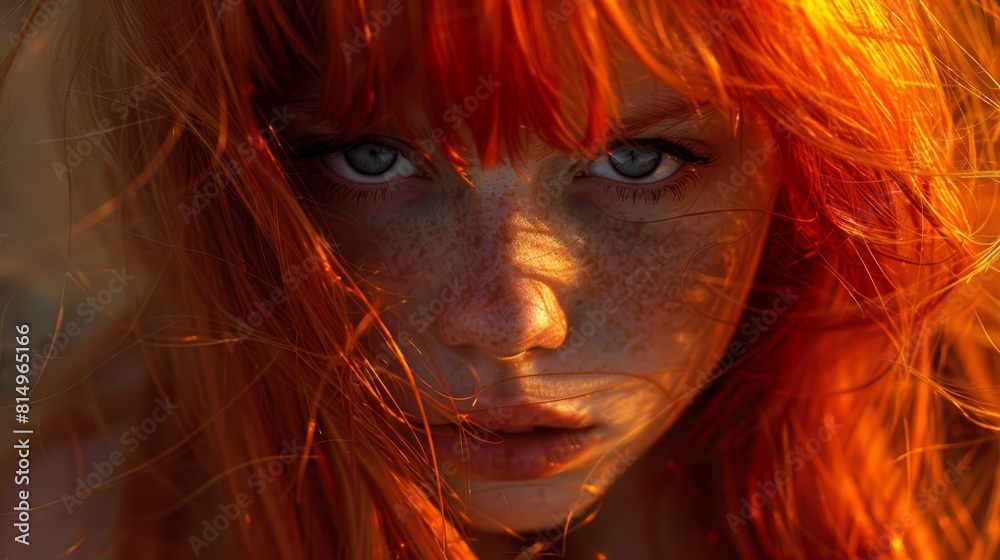A tight shot of a woman's face adorned with freckles, accompanied by a full body display bearing the same distinctive marks A tight shot of a woman's face adorned with freckles, accompanied by a full body display bearing the same distinctive marks