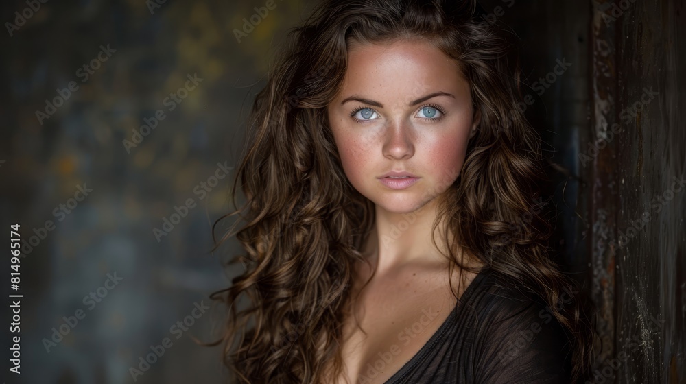 A woman with long hair wears a black dress as she poses for a close-up photograph against a wall backdrop A woman with long hair wears a black dress as she poses for a close-up photograph against a wall backdrop