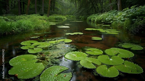  A multitude of lily pads float atop a serene body of water in a verdant forest teeming with trees