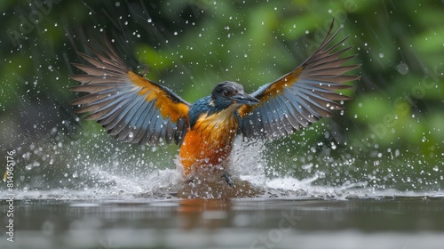  A blue-orange bird with spread-wide wings in the water