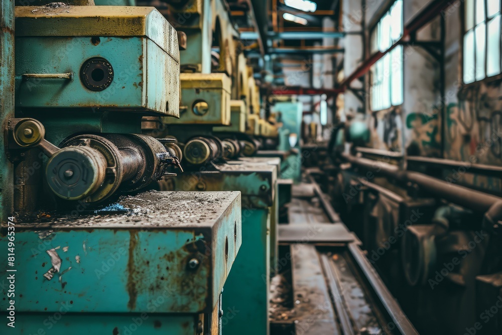 Close-up of aged industrial machinery in a manufacturing environment with a blurred background