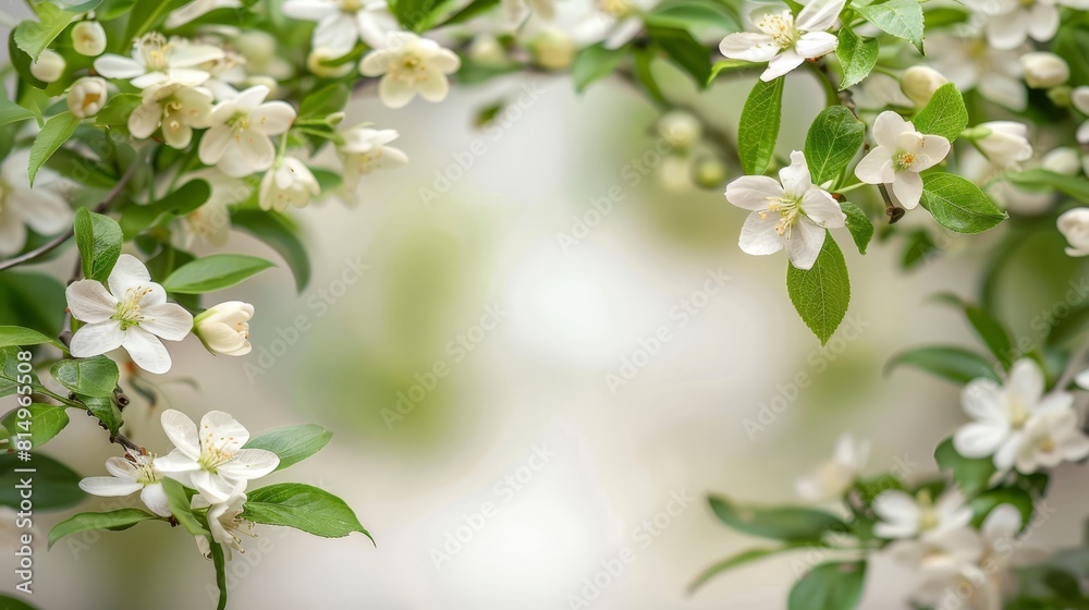 A tree branch bearing white blossoms against a soft backdrop of overlapping white and green hues A tree branch bearing white blossoms against a soft backdrop of overlapping white and green hues