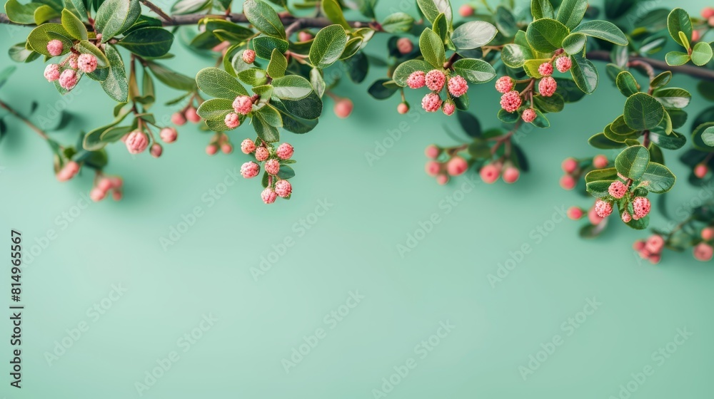 Blue..Foreground: A tree branch with pink blossoms and vibrant green leaves