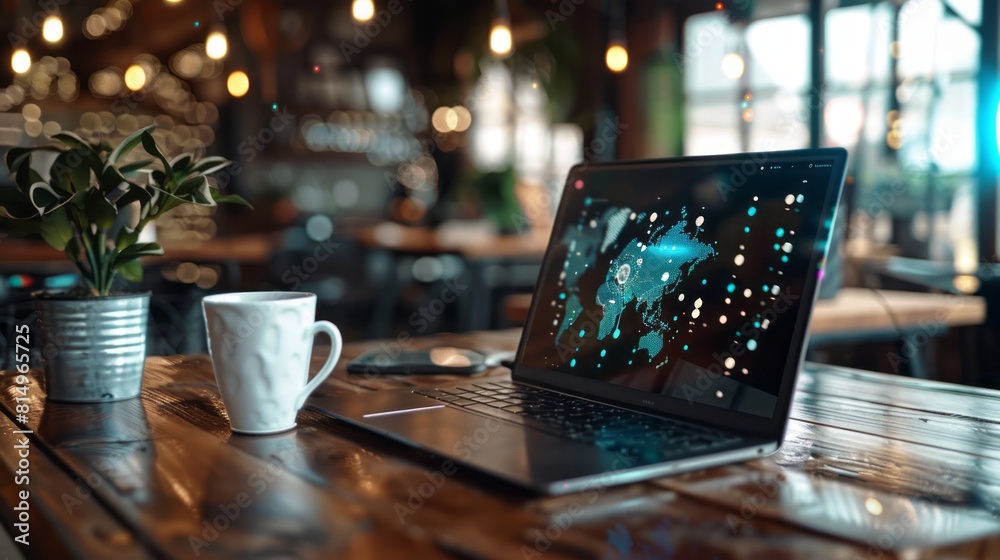 Laptop on wooden table, with cup of coffee. front view. with social finance network hologram. World Wide Web Day Laptop on wooden table, with cup of coffee. front view. with social finance network hologram. World Wide Web Day