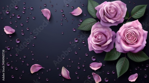  Three pink roses with green leaves and water droplets against a black backdrop  below  petals bear droplets of water