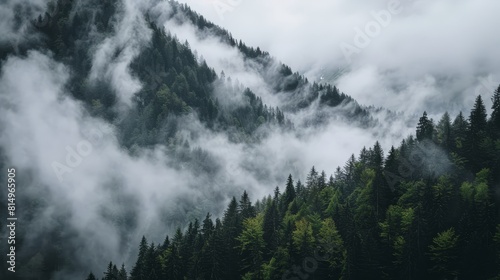  A forest teeming with numerous green trees enshrouded in fog  with distant low-lying clouds