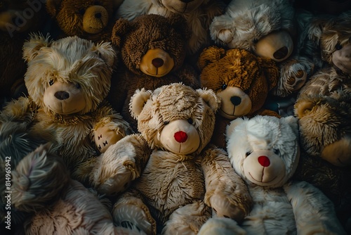 An endearing scene featuring a multitude of teddy bears tightly packed together, their fluffy bodies pressed against each other as they squeeze in for a group hug