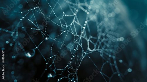 A macro photograph of dewdrops clinging to a spider's web, illustrating the importance of water retention in ecosystems. Dynamic and dramatic composition, with copy space photo
